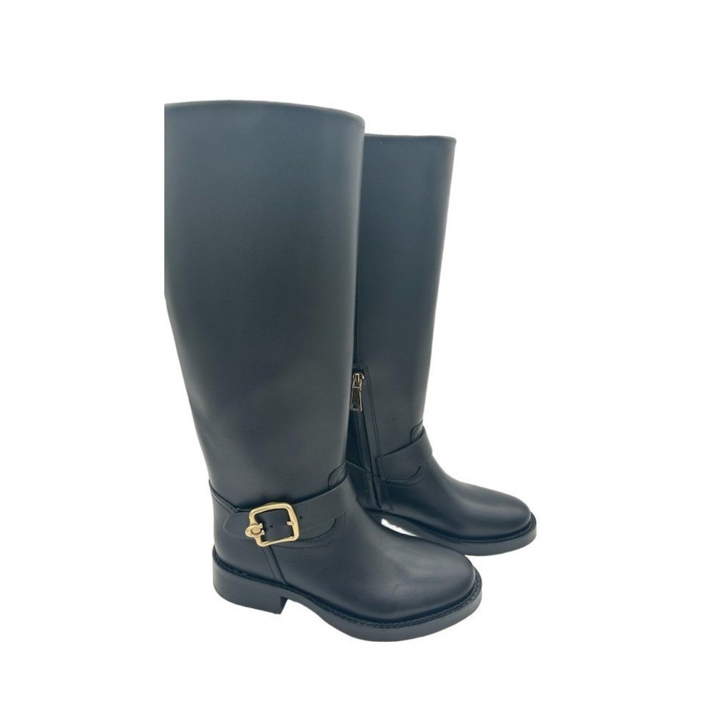 New Coach CW978 Knee High Boots Women's Size 5 B Black Leather Buckle Zip - Picture 2 of 7